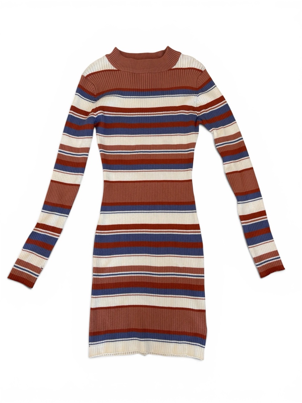 Say What? Ribbed Striped Long Sleeve Dress in Rust, Cream & Blue